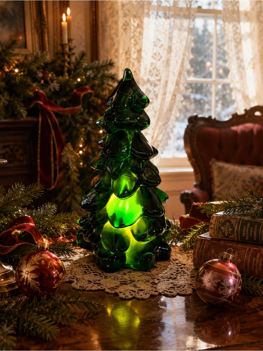 Large Mosser Hunter Green Glass Christmas Tree Fairy Lamp 7.5”